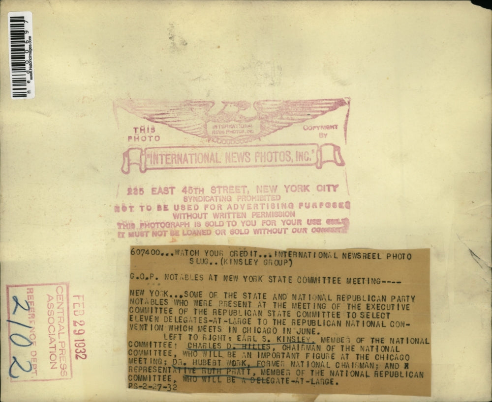 1932 Press Photo Earl Kinsley, Cahrles Hilles, Dr Hubert Work & Ruth Phatt