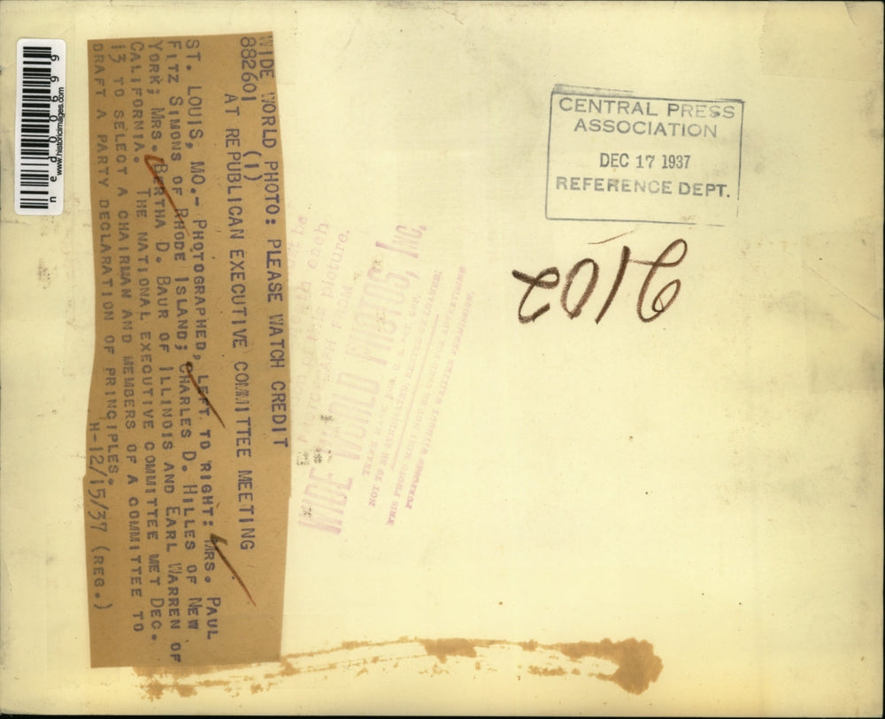 1937 Press Photo Paul Simons, Charles Hilles, Mrs Bertha Baur & Earl Warren