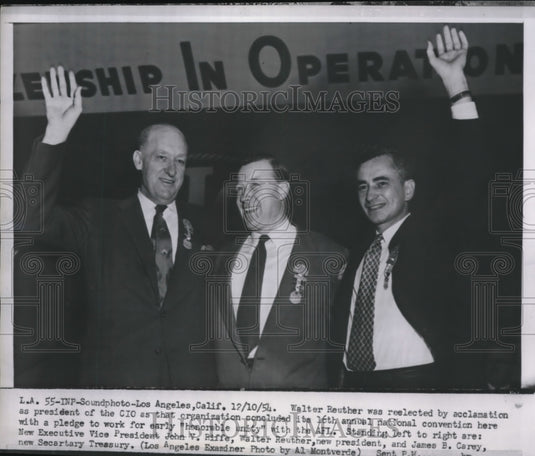 1954 Press Photo La Calif, Walter Reuther pres of CIO, VP JV Riffe, JB Carey