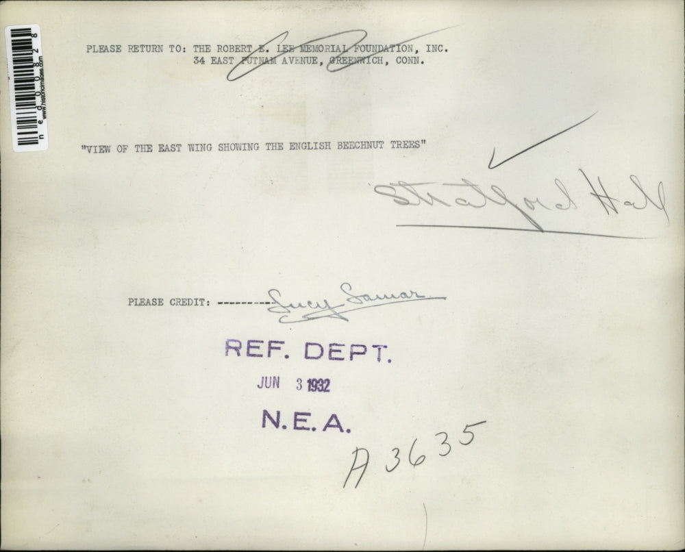 1932 Press Photo Robert E Lee English Beechnut Trees at the East wing view