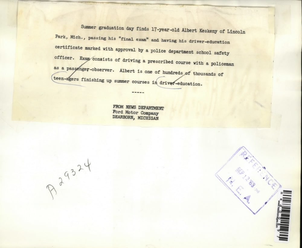 1963 Press Photo Albert Keskenny passes final exam and has Driver Education Cert