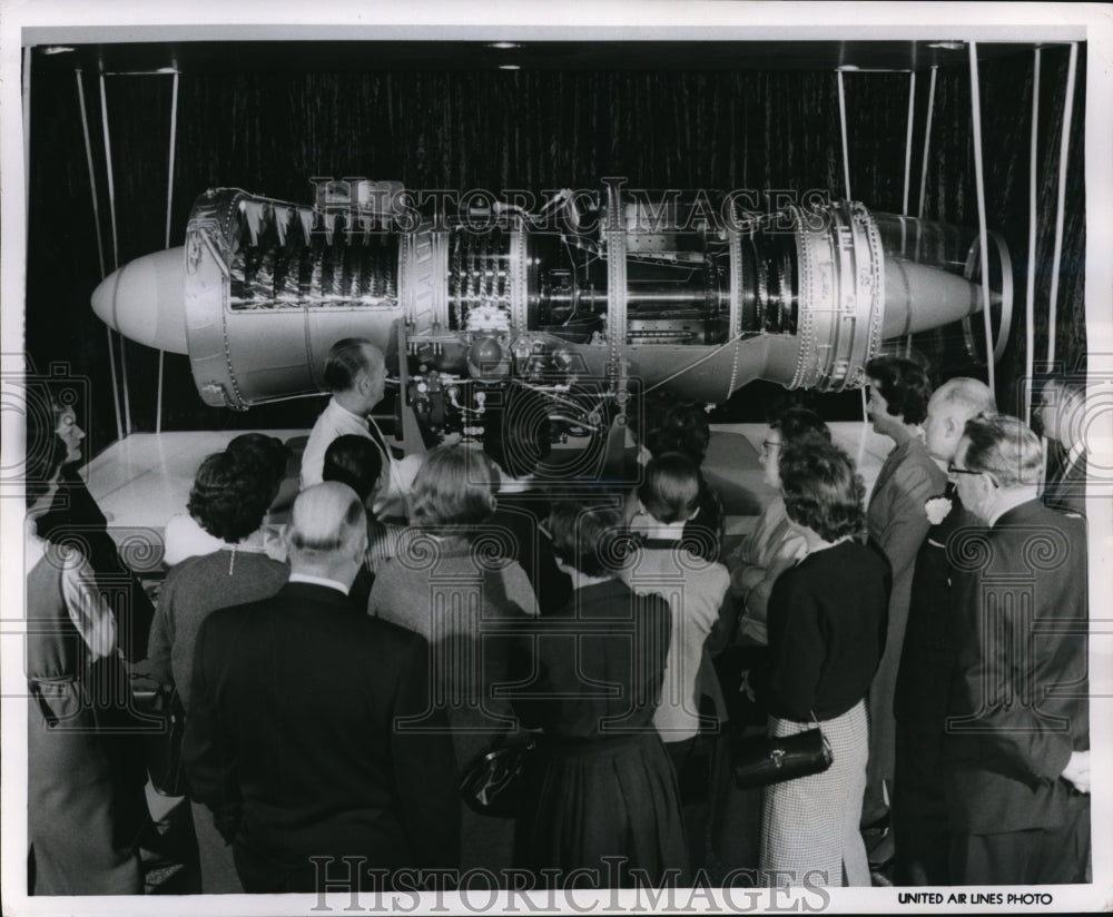 1960 Press Photo United IAirlines Pratt & WHitney J-57 engine on view