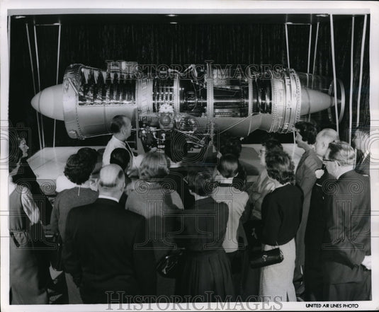 1960 Press Photo United IAirlines Pratt & WHitney J-57 engine on view