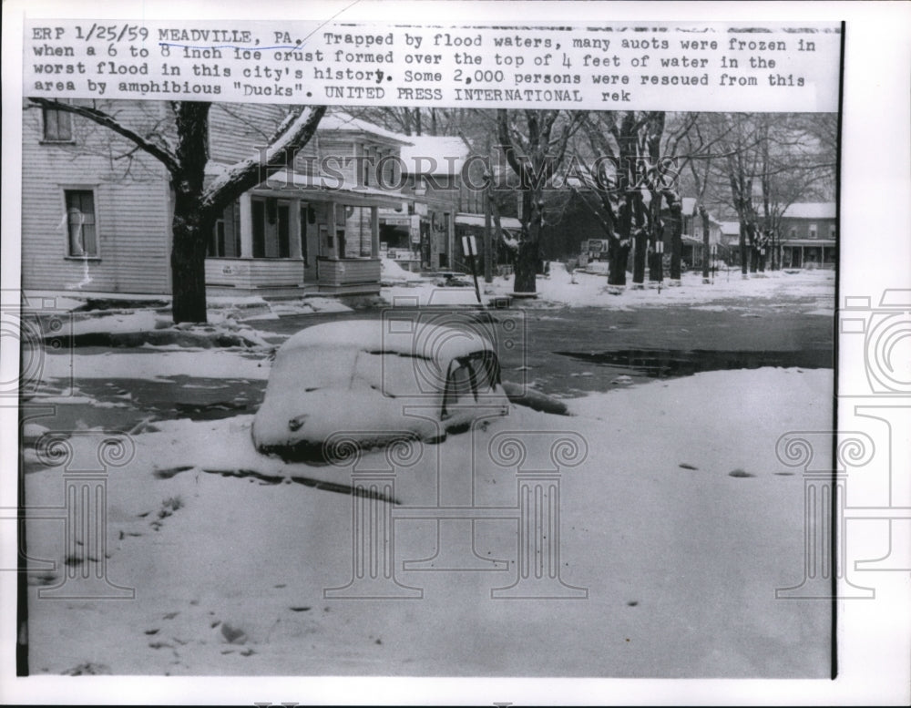 1959 Press Photo Meadville Pa trapped by flood waters autos frozen
