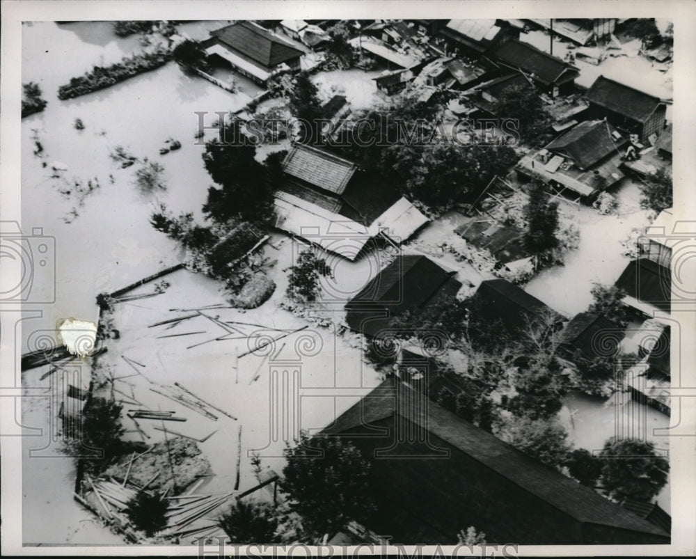 1946 Press Photo Kasukabe Japan small town in Kanto Plain area after first flood