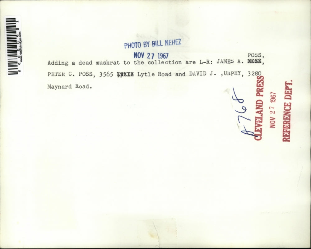 1957 Press Photo James & Peter Poss, David Urphy & dead muskratin Cleveland