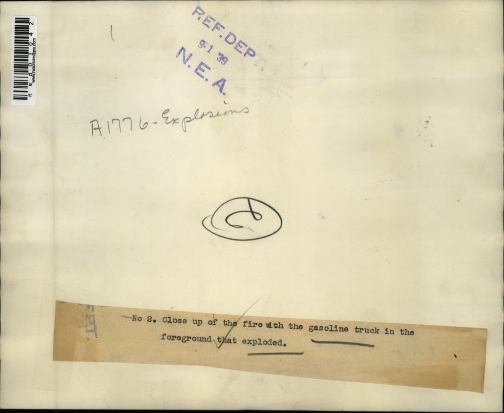 1939 Press Photo Close up of gasoline truck on fire