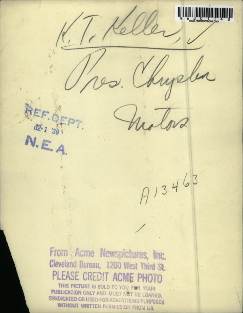 1939 Press Photo K.T. Keller, Pres. of Chrysler Motors