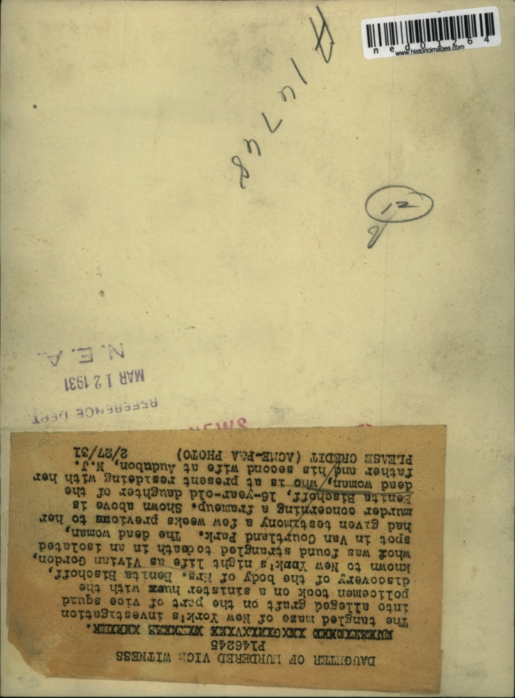 1931 Press Photo Benita Bischoff, daughter of murdered graft witness in NY