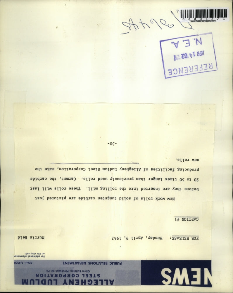 1962 Press Photo rolls of tungsten Carbide made at Allegheny Ludlum Steel Corp.