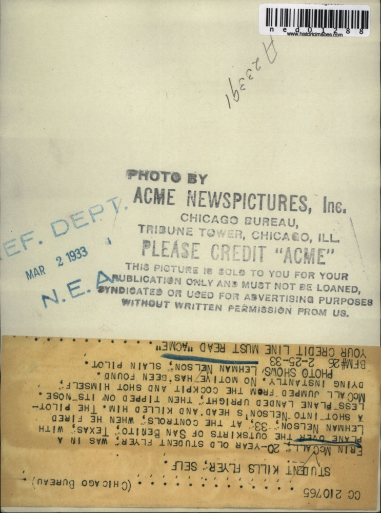 1933 Press Photo "Student kills flyer, self" Lehman Nelson