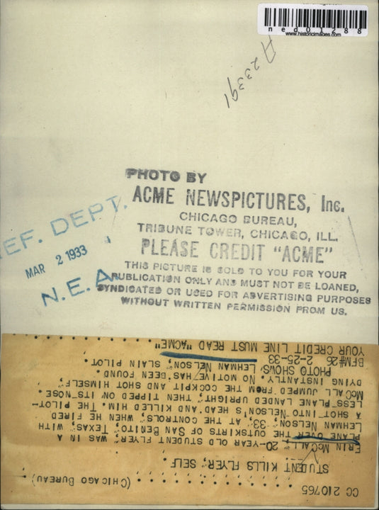 1933 Press Photo "Student kills flyer, self" Lehman Nelson