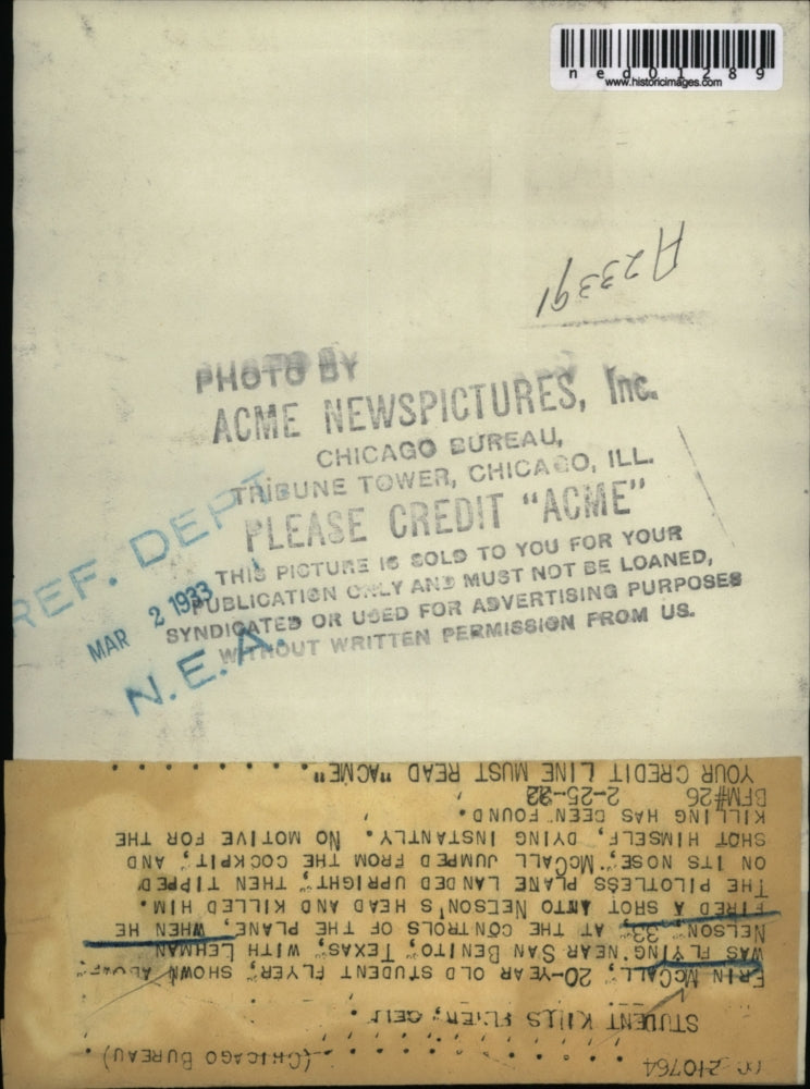 1933 Press Photo "Student Kills flyer, self" Erin McCall