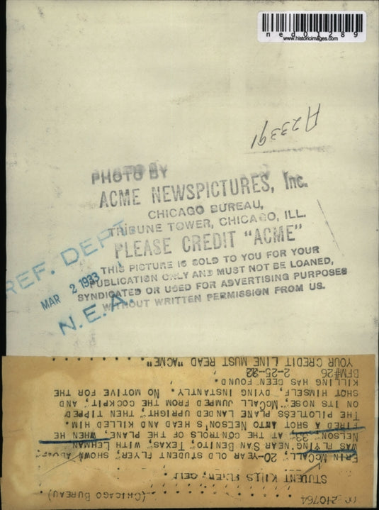 1933 Press Photo "Student Kills flyer, self" Erin McCall