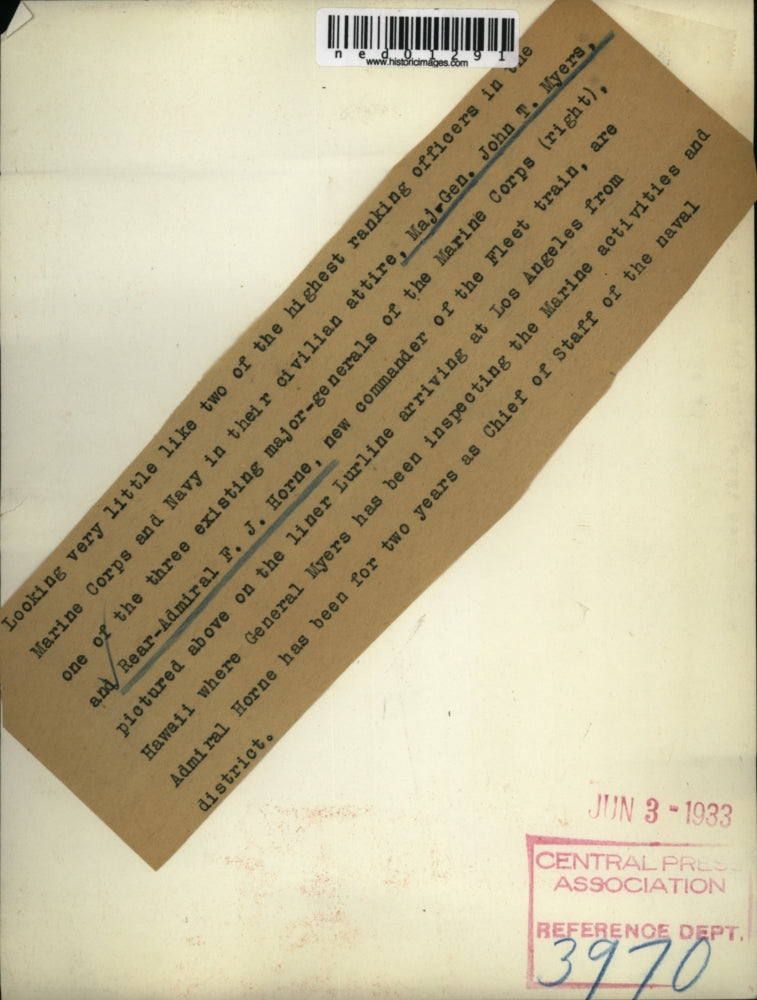 1933 Press Photo Maj. Gen John T Myers Rear- Admiral F.J Horne - ned01291