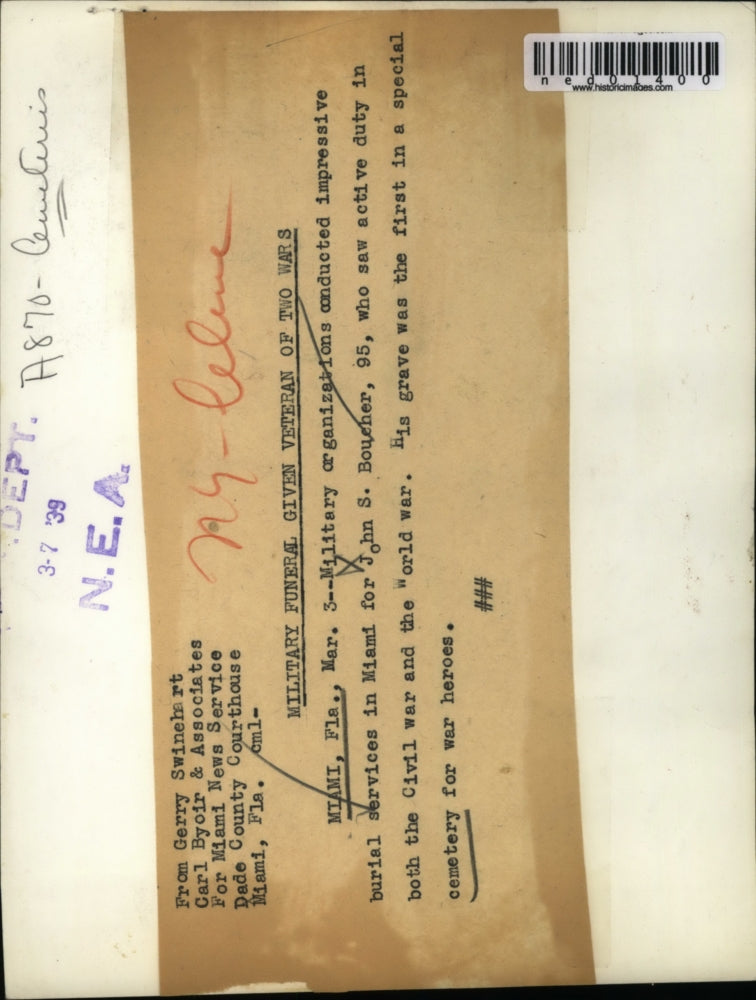 1939 Press Photo Funeral of John S. Boucher Active in Civil War and World War