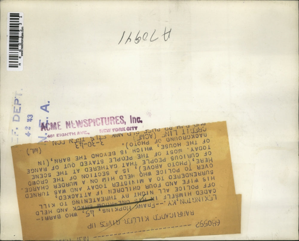 1943 Press Photo Lexinton Ky Frank Hopkins barricaded himself