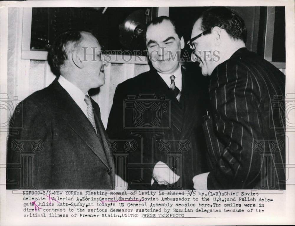 1953 Press Photo Valerian Zorin, Georgi Zarubin, and Julius Katz-Suchy