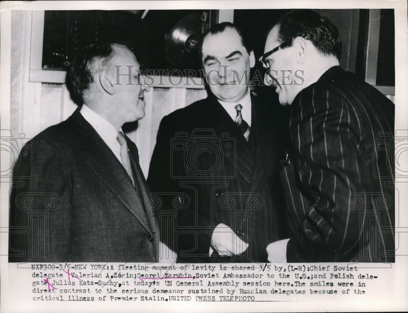 Load image into Gallery viewer, 1953 Press Photo Valerian Zorin, Georgi Zarubin, and Julius Katz-Suchy

