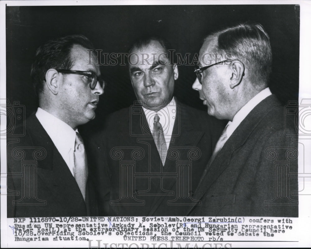 1956 Press Photo Georgi Zarubin confers with Arkady Sebolev and Peter Kos
