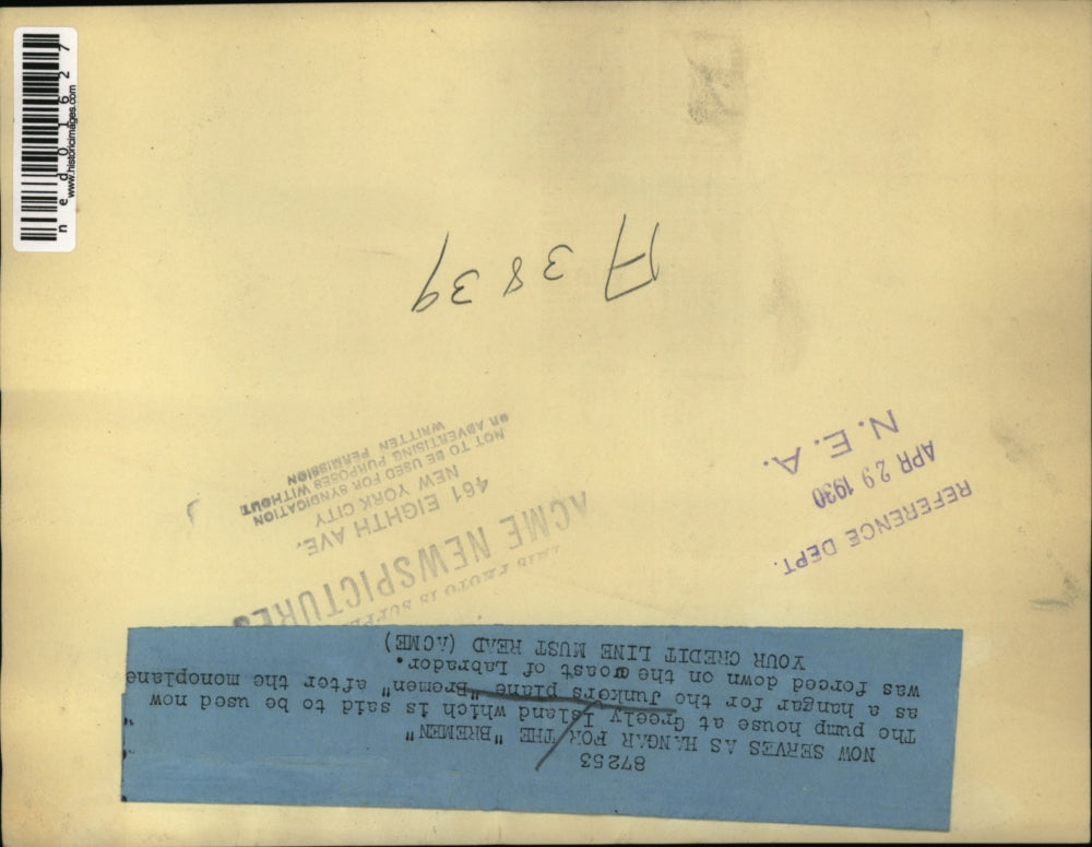 1930 Press Photo Greely Island pump house is used as a hangar for Junkers plane