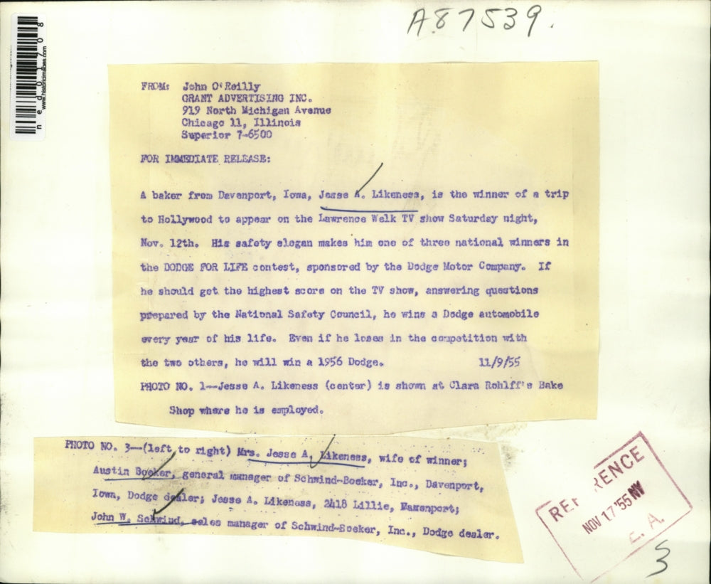 1955 Press Photo Jesse A Likeness, Won Trip to Hollywood On Lawrence Walk TV