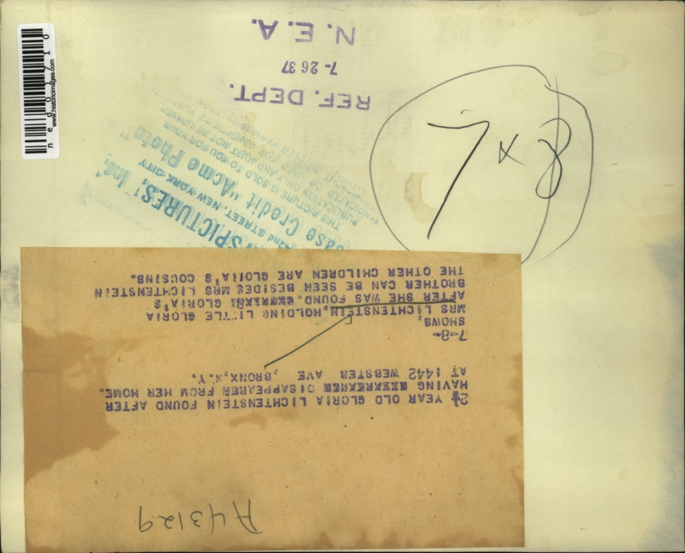 1937 Press Photo Gloria Lichtenstein Found After Disappearing From Her Home