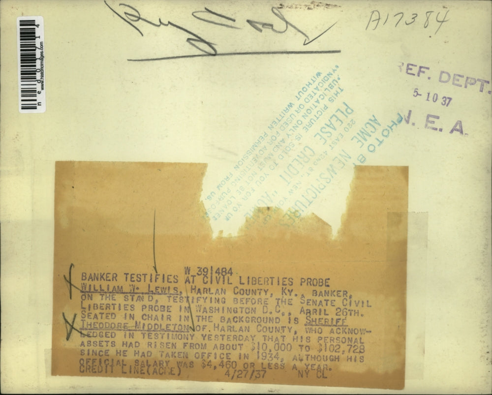 1937 Press Photo Banker testifies at civil liberties probe