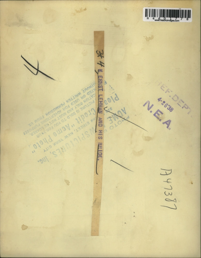 1938 Press Photo Ernst Lehman and his bride