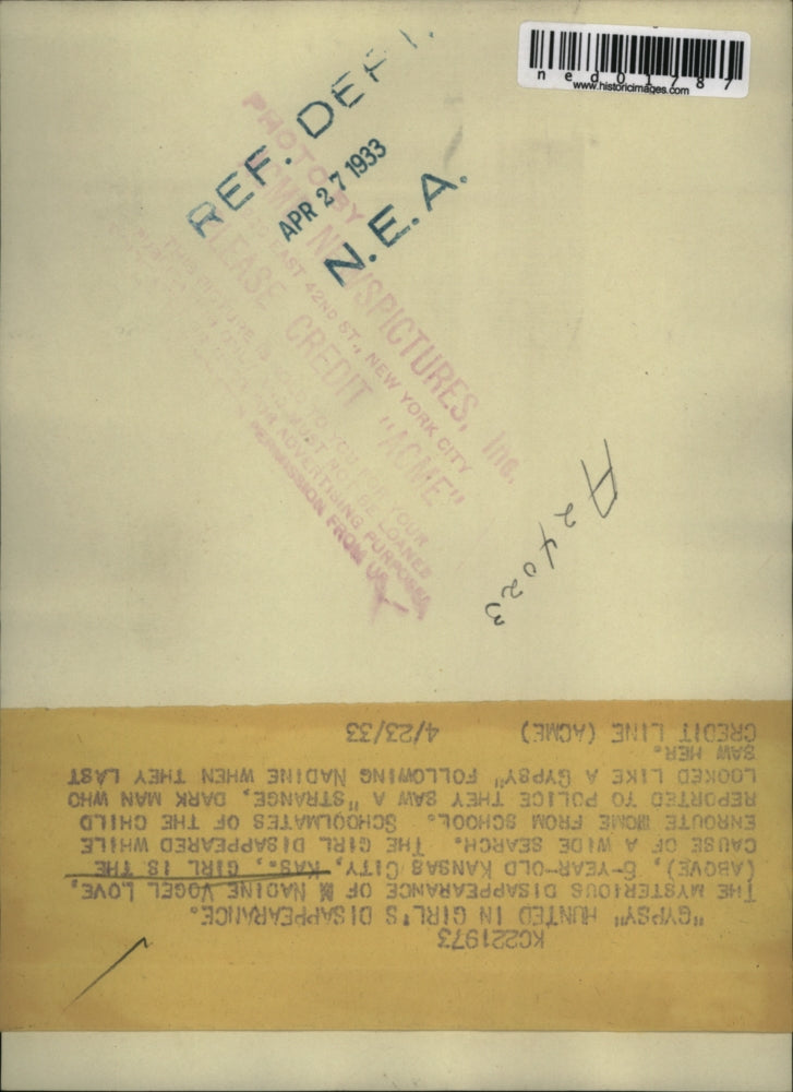 1933 Press Photo Nadine Vogel Love age 8 missing in Kansas City Kas