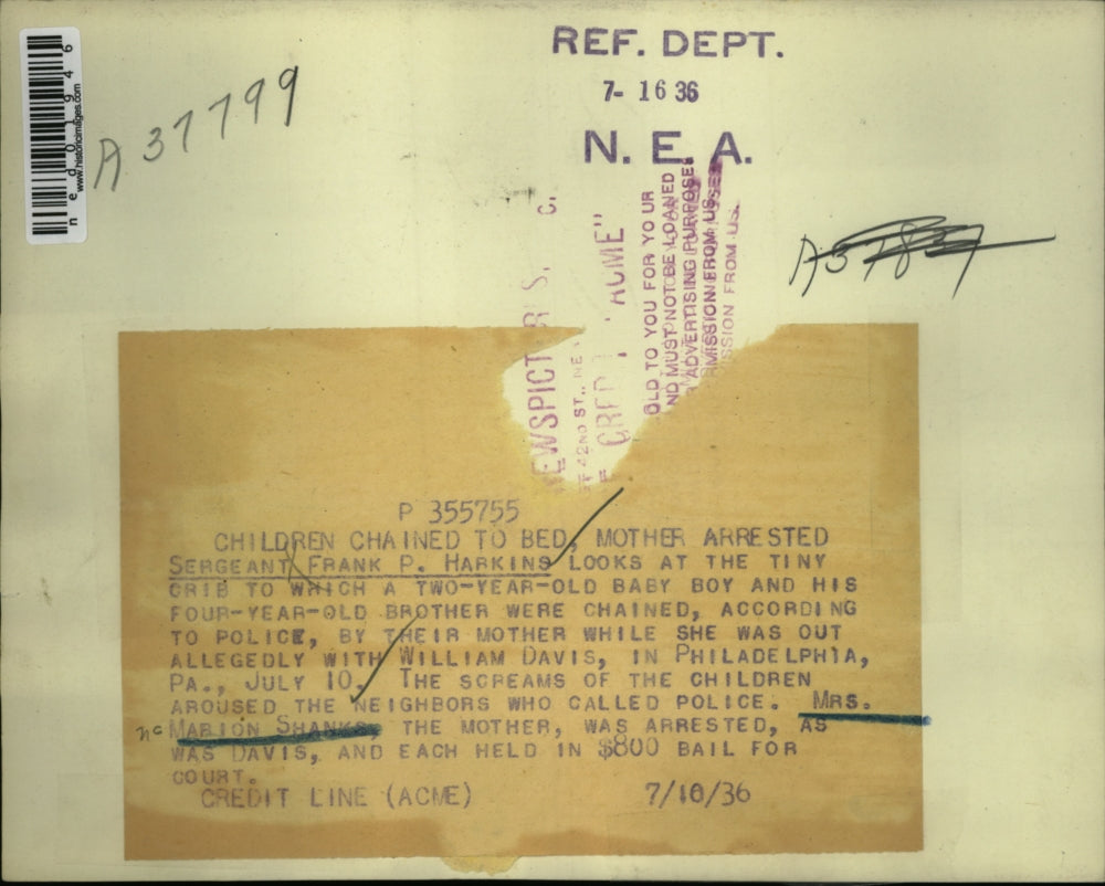 1936 Press Photo Mrs. Shanks arrested for chaining her children