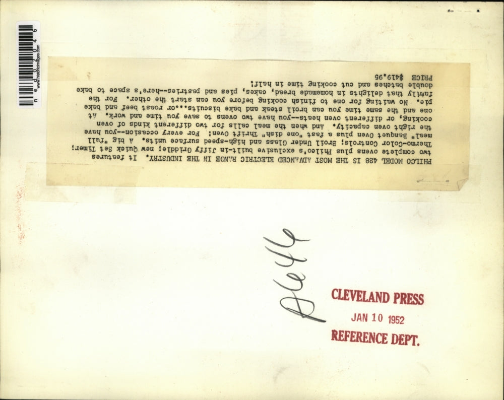 1952 Press Photo Philco Model 428 Electric Range With Griddle and Thrift Oven