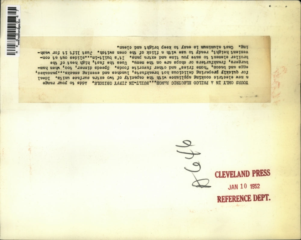 1952 Press Photo Built In Jiffy Griddle of Philco Electric Range