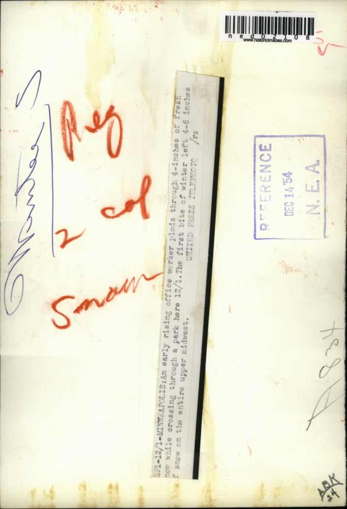 1954 Press Photo Minneapolis Snow Filled Park with lonely bench and early riser