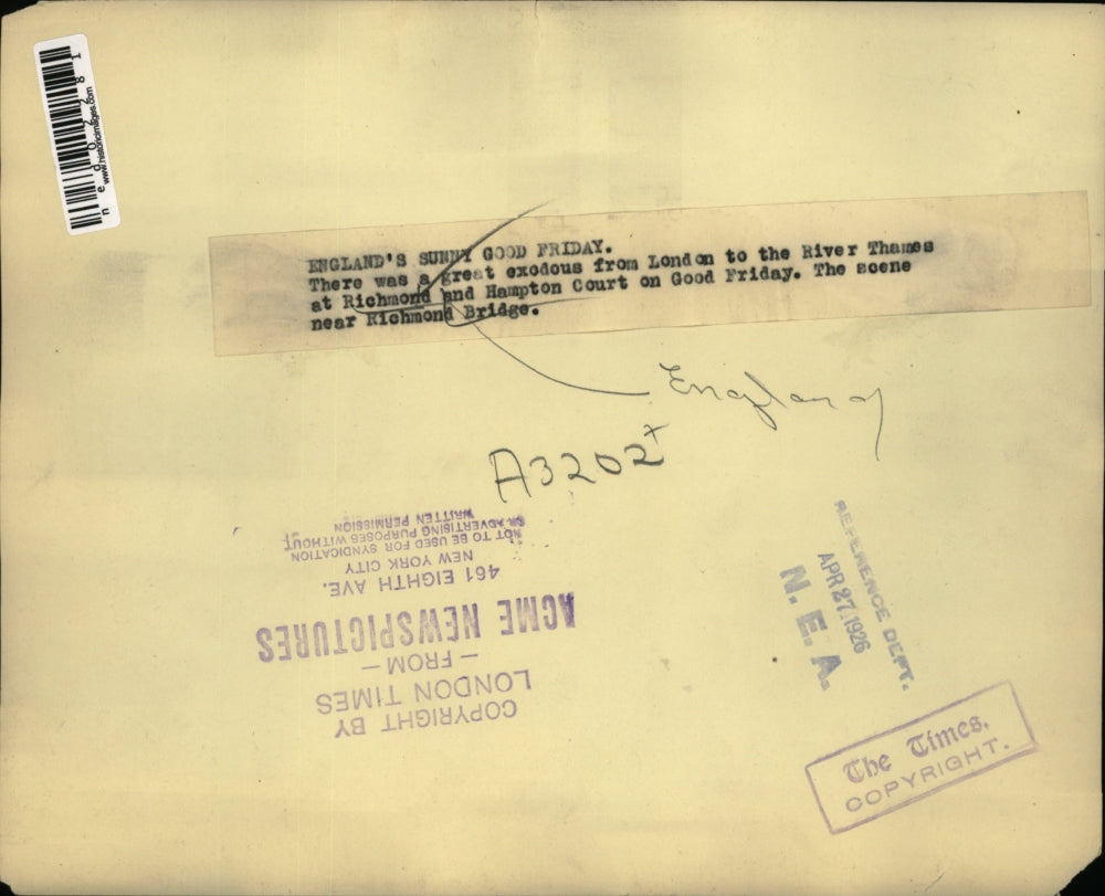 1926 Press Photo Great Exodous from London to the River Thames