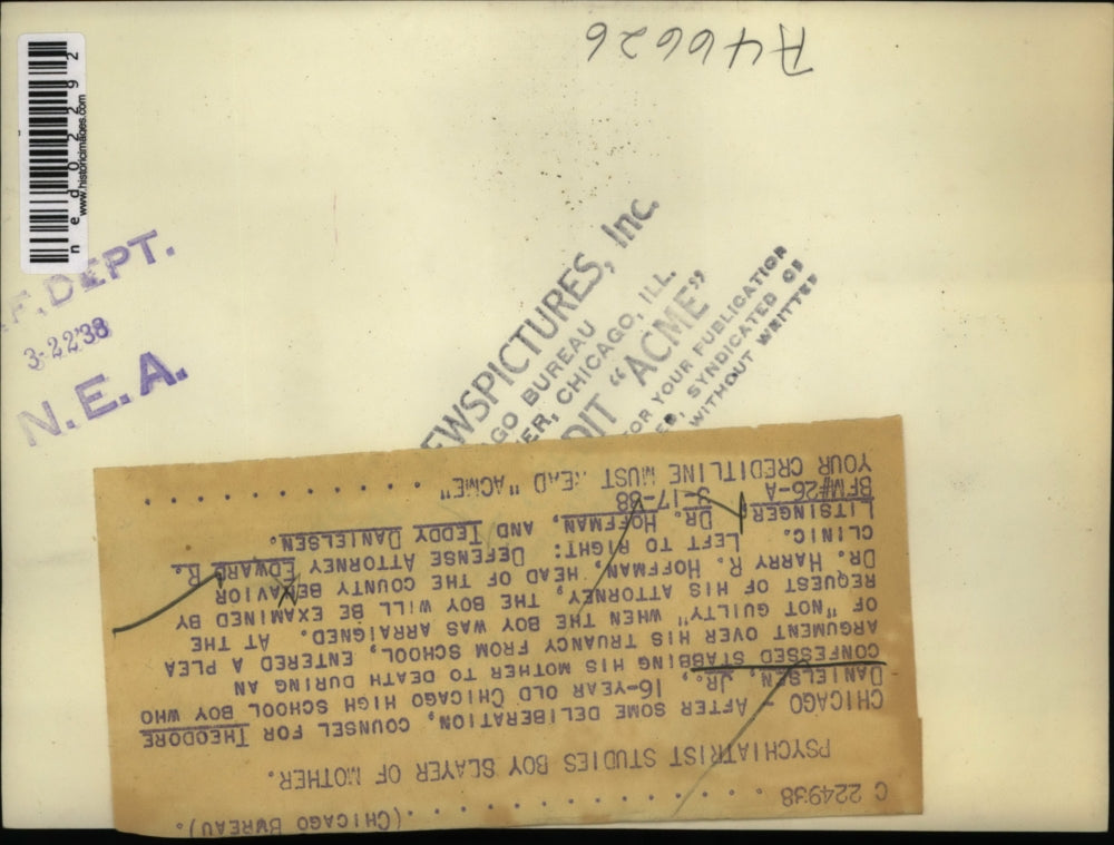 1938 Press Photo Theodore Danielsen confessed of stabbing his mother