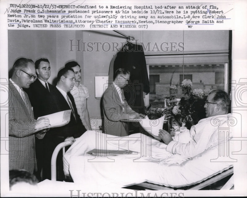 Load image into Gallery viewer, 1957 Press Photo Detroit MichJudge FG Schemansloe hold court from hospital bed
