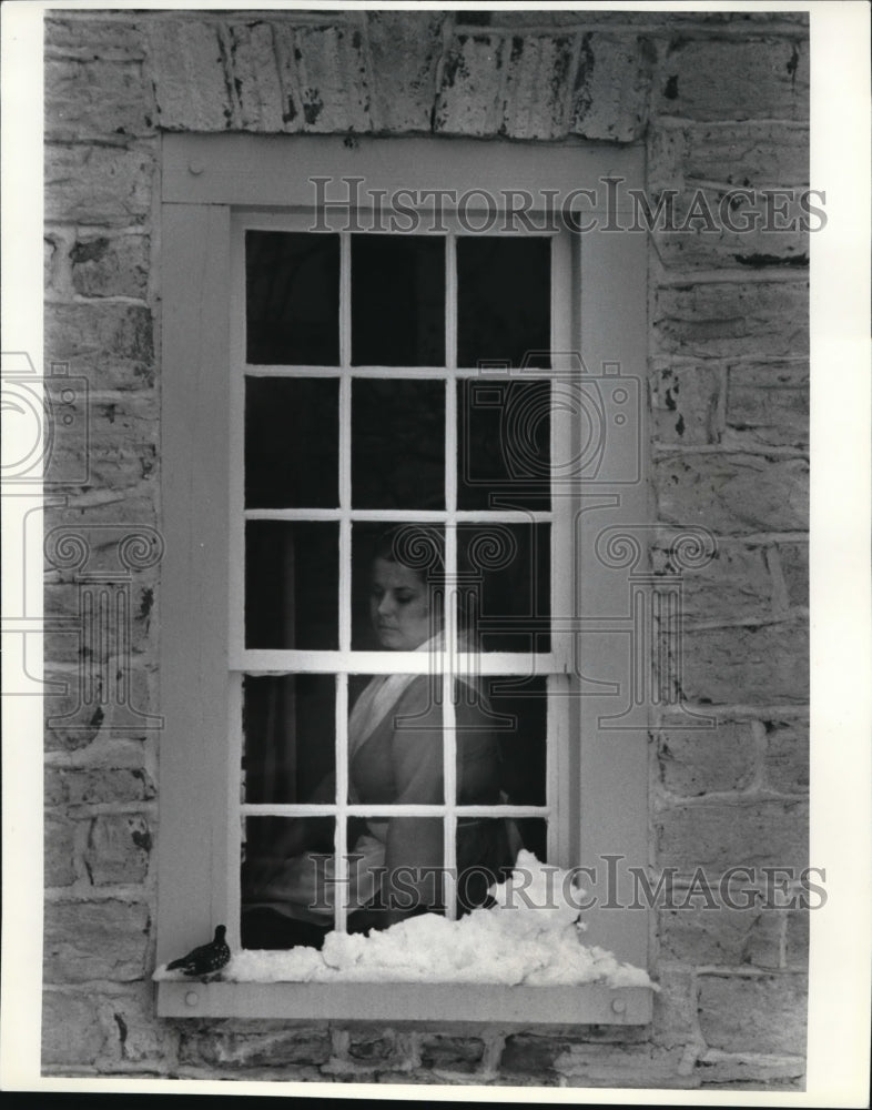 Press PhotoWoman looking at the bird & snow by the window