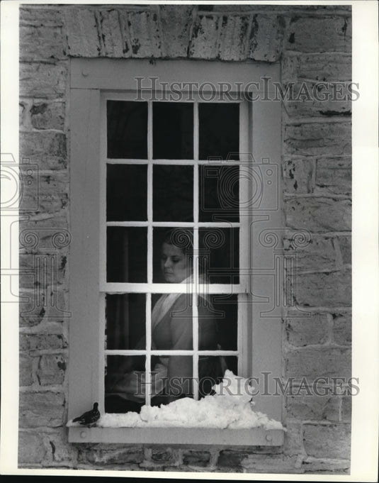 Press PhotoWoman looking at the bird & snow by the window