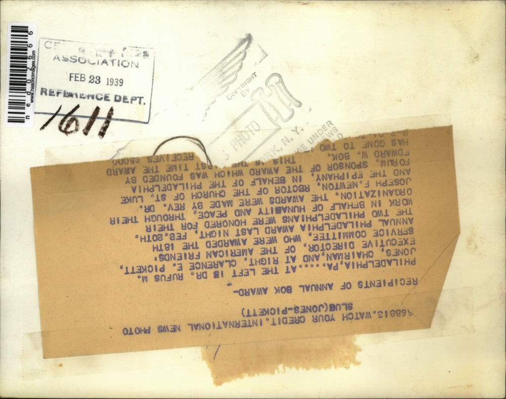 1939 Press Photo Philadelphia Pa Dr Rufus Jonesm Clarence Pickett awards