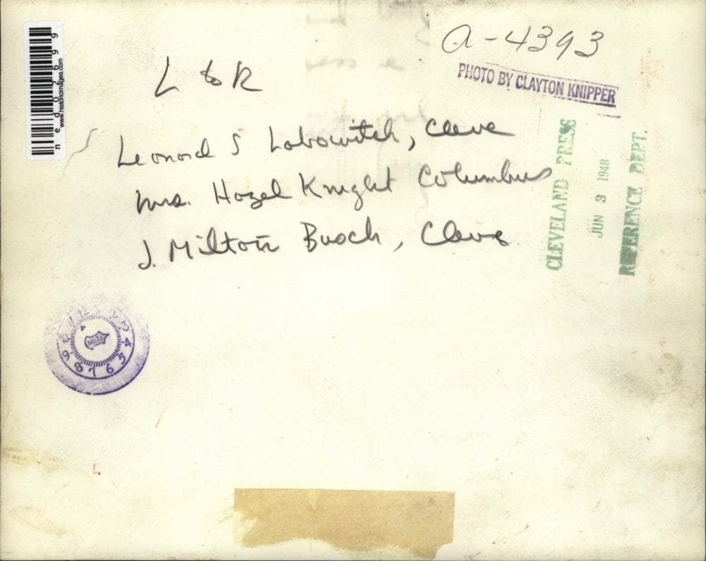 1948 Press Photo Leonard S. Labowitch, Mrs. Hazel Knight, and J. Milton Busch