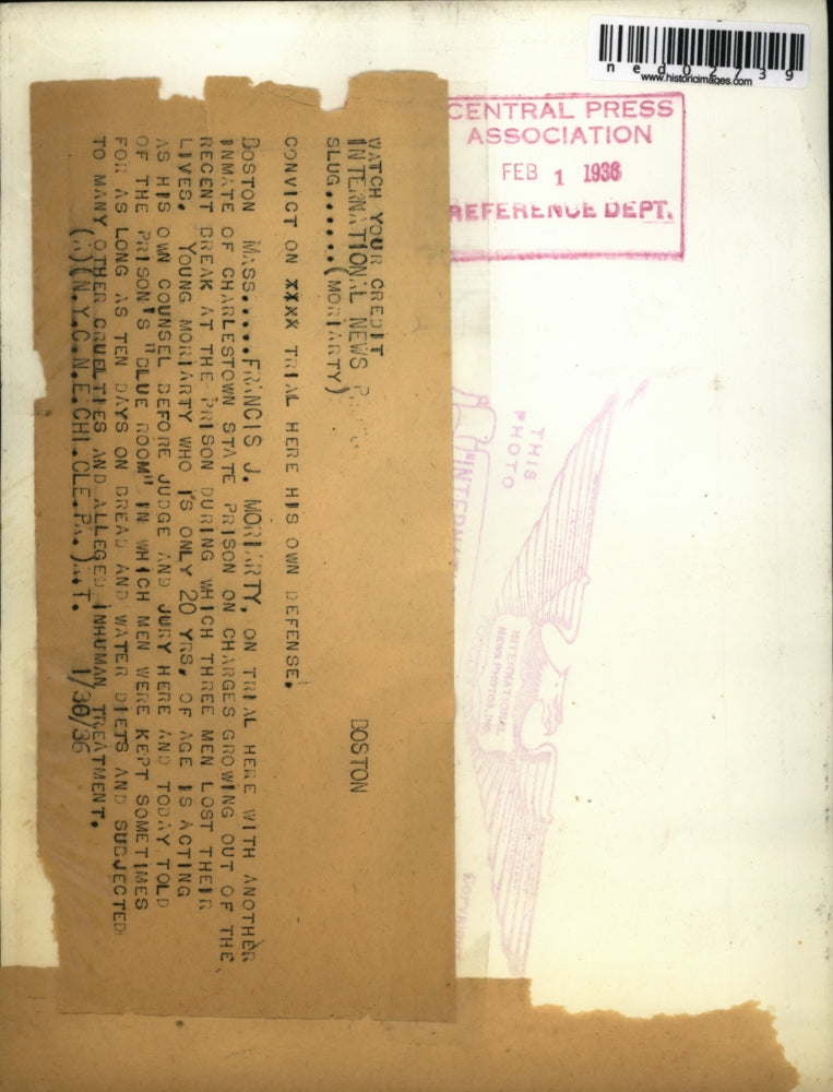 1936 Press Photo Boston Mass Francis Moriarty on trial here on charges