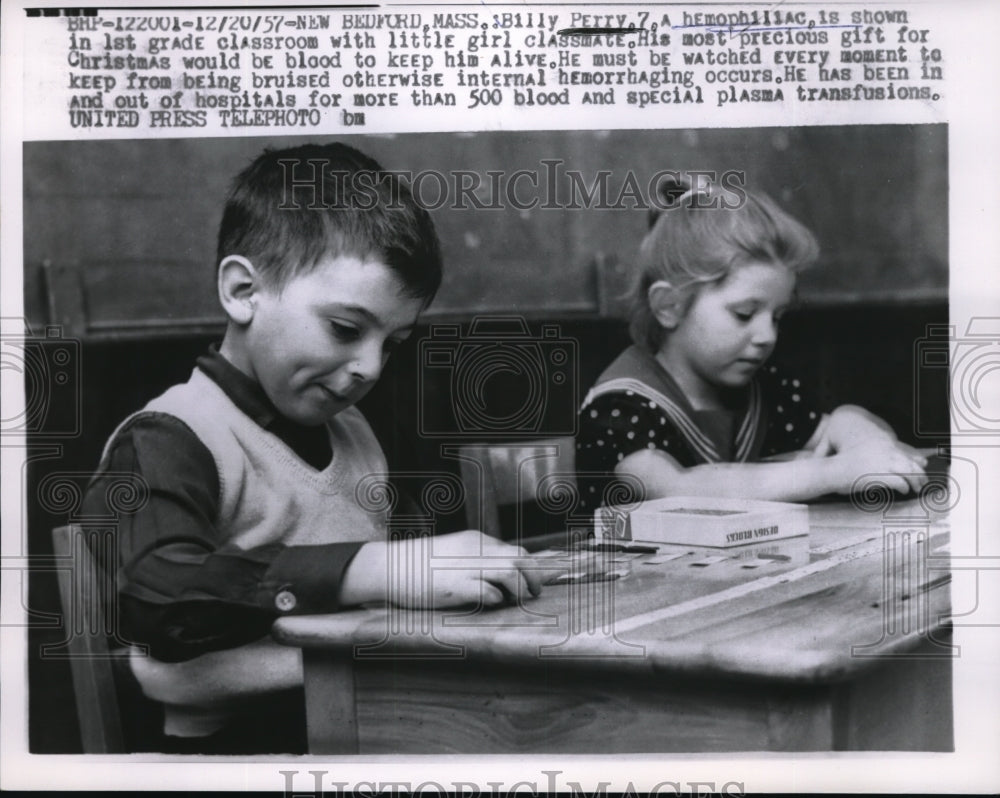 1957 Press Photo Billy Perry, 7, A precious child being watched over asking as a