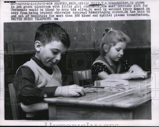 1957 Press Photo Billy Perry, 7, A precious child being watched over asking as a