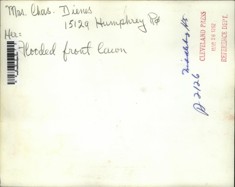 1962 Press Photo Mrs. Charles Dienes points at her flooded front lawn.