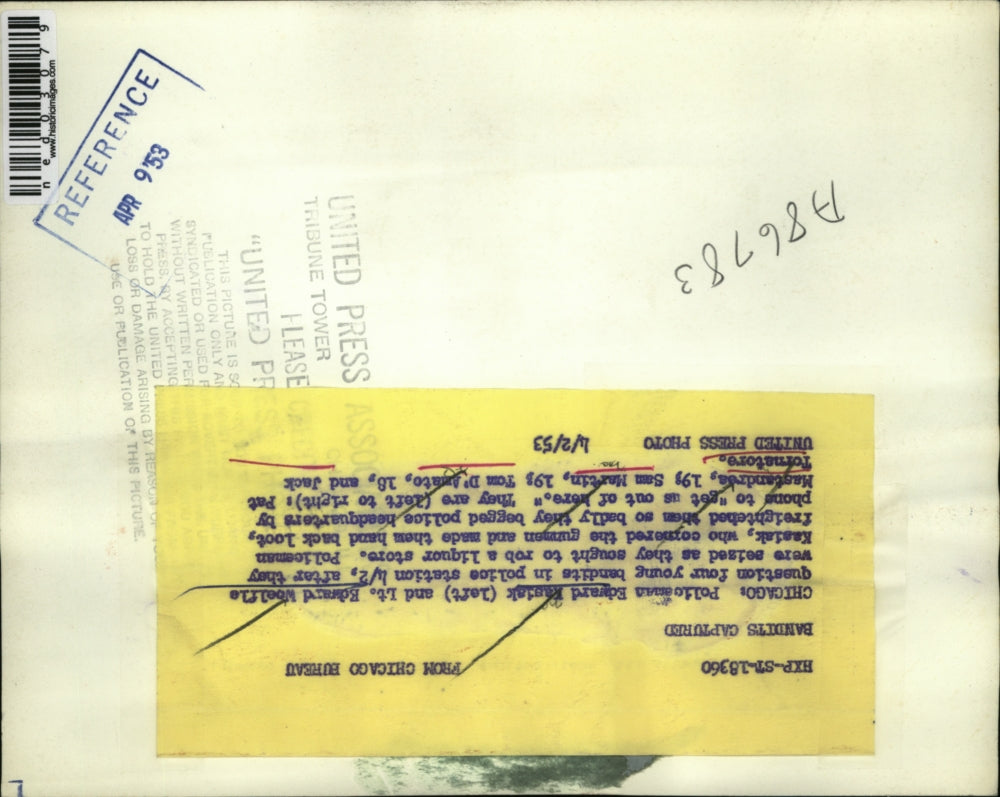 1953 Press Photo Chicago Cop Ed Kasiak, Lt Ed woelfie & bandits,Mastandrea