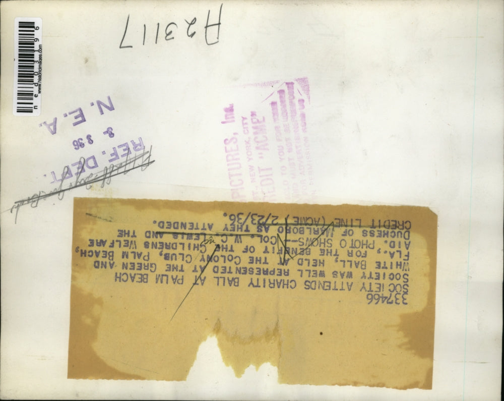 1936 Press Photo Col WC Lewis & Marlboro Duchess at Charity Ball in Palm Beach