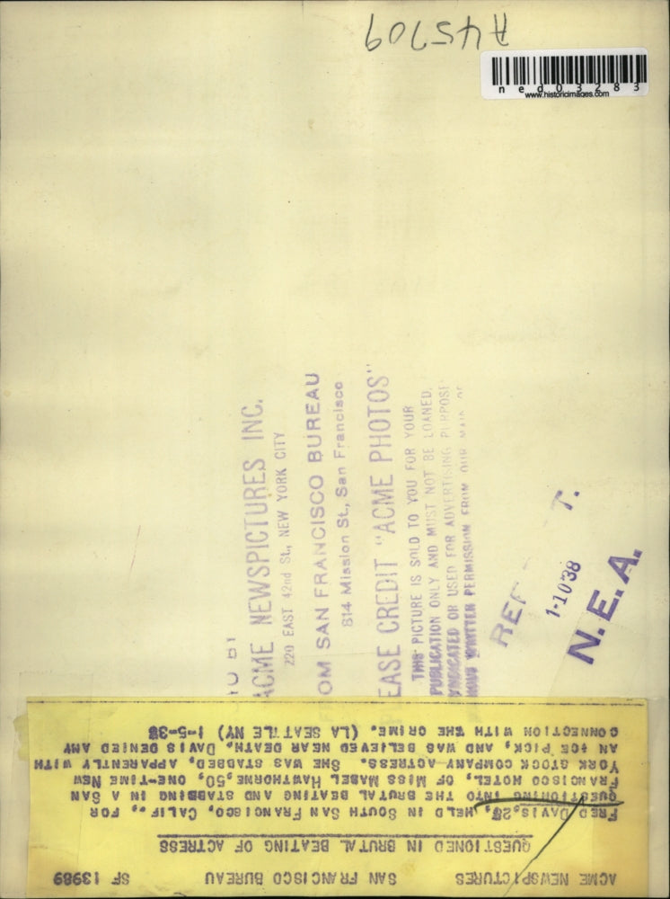 1938 Press Photo Fred Davis in custody in San Fran for murder of M Hawthorne