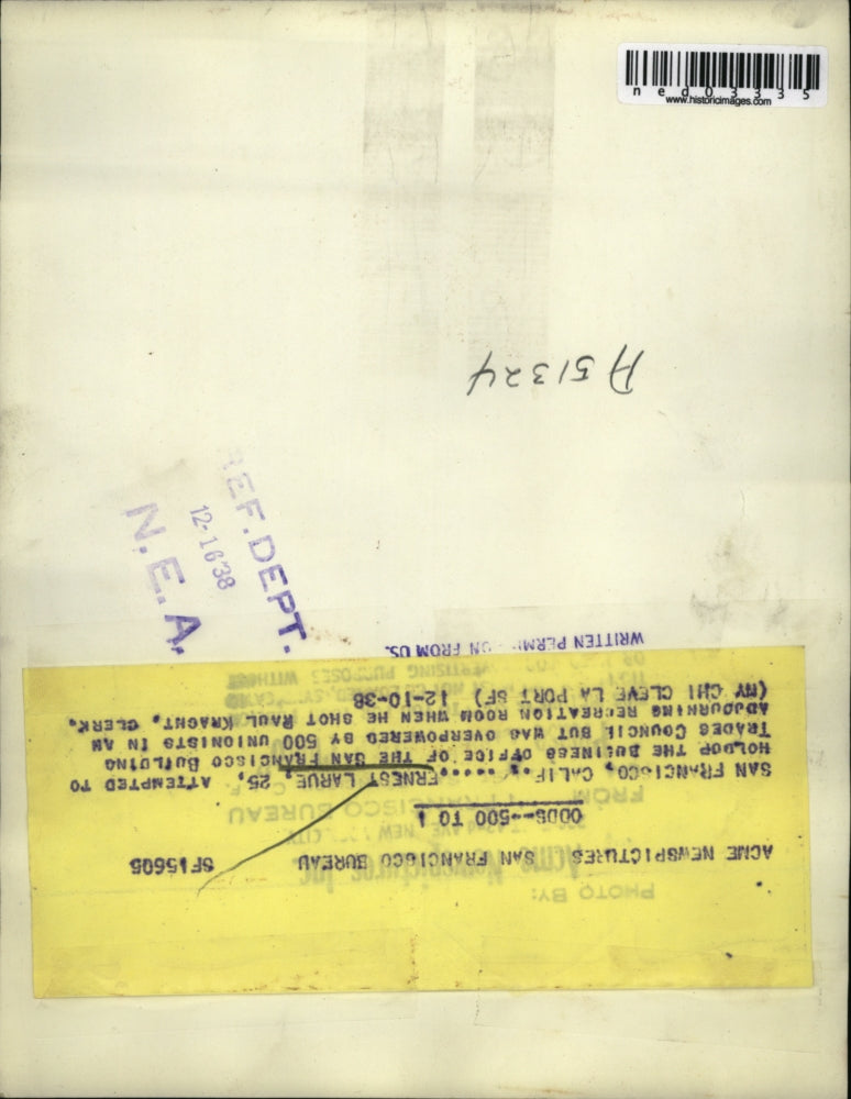 1938 Press Photo San Francisco Ernst Larue arrested for holdup