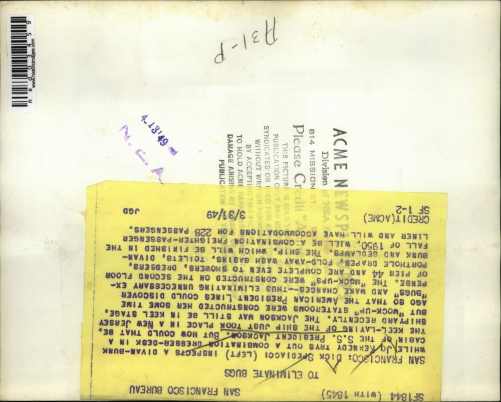 1949 Press Photo San Francisco D Spediacci, Jo Kennedy & SS Pres Jackson cabin